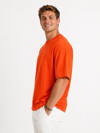 Erkek Oversize Kalın Dokulu %100 Organik Pamuk Bisiklet Ribana Yakalı Turuncu T-Shirt