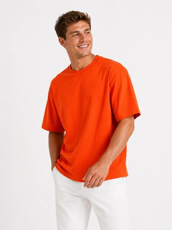Erkek Oversize Kalın Dokulu %100 Organik Pamuk Bisiklet Ribana Yakalı Turuncu T-Shirt