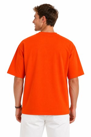 Erkek Oversize Kalın Dokulu %100 Organik Pamuk Bisiklet Ribana Yakalı Turuncu T-Shirt