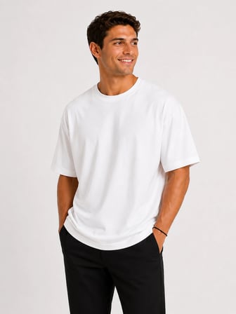 Erkek Oversize Kalın Dokulu %100 Organik Pamuk Bisiklet Ribana Yakalı Beyaz T-Shirt