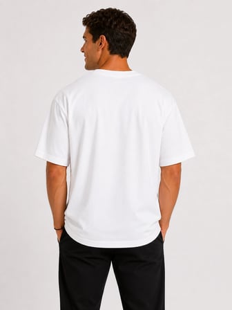 Erkek Oversize Kalın Dokulu %100 Organik Pamuk Bisiklet Ribana Yakalı Beyaz T-Shirt