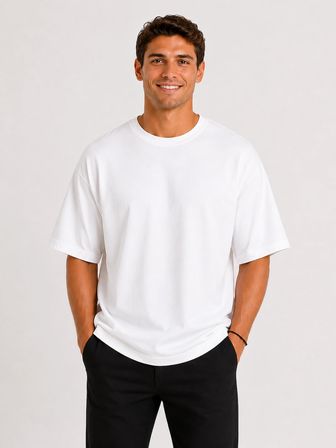 Erkek Oversize Kalın Dokulu %100 Organik Pamuk Bisiklet Ribana Yakalı Beyaz T-Shirt