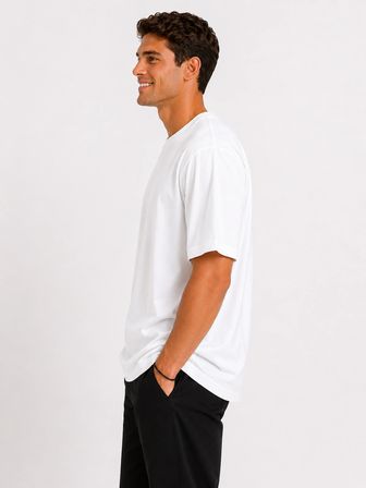 Erkek Oversize Kalın Dokulu %100 Organik Pamuk Bisiklet Ribana Yakalı Beyaz T-Shirt