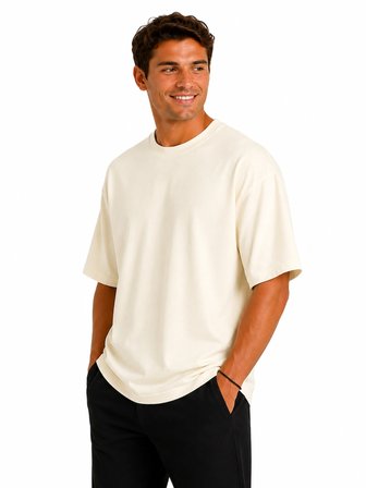 Erkek Oversize Kalın Dokulu %100 Organik Pamuk Bisiklet Ribana Yakalı Ekru T-Shirt