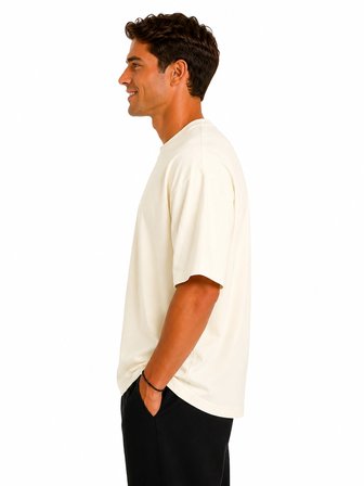 Erkek Oversize Kalın Dokulu %100 Organik Pamuk Bisiklet Ribana Yakalı Ekru T-Shirt