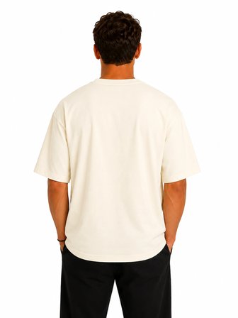 Erkek Oversize Kalın Dokulu %100 Organik Pamuk Bisiklet Ribana Yakalı Ekru T-Shirt