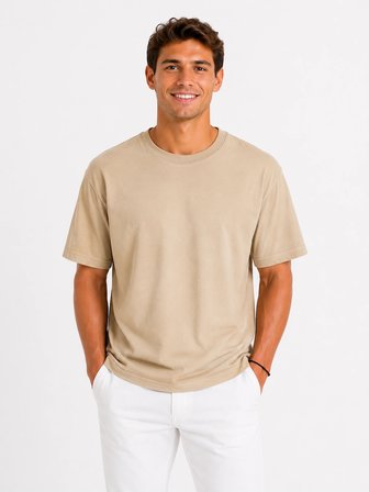 Erkek Tam Oversize Kalıp Kalın Dokulu %100 Organik Pamuk Bisiklet Ribana Yakalı Bej T-Shirt
