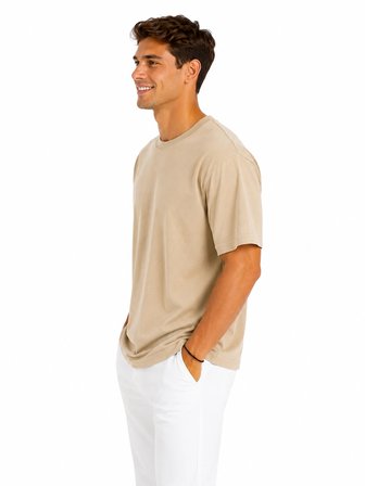 Erkek Tam Oversize Kalıp Kalın Dokulu %100 Organik Pamuk Bisiklet Ribana Yakalı Bej T-Shirt