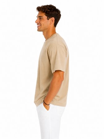 Erkek Tam Oversize Kalıp Kalın Dokulu %100 Organik Pamuk Bisiklet Ribana Yakalı Bej T-Shirt