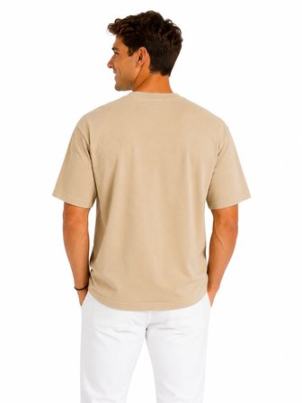 Erkek Tam Oversize Kalıp Kalın Dokulu %100 Organik Pamuk Bisiklet Ribana Yakalı Bej T-Shirt