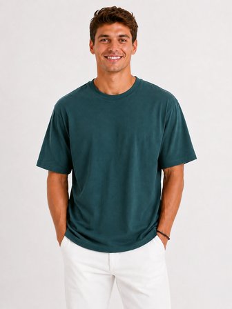 Erkek Tam Oversize Kalıp Kalın %100 Pamuk Bisiklet Ribana Yakalı Petrol Yeşili T-Shirt