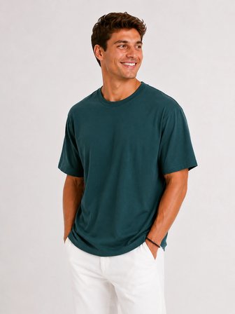 Erkek Tam Oversize Kalıp Kalın %100 Pamuk Bisiklet Ribana Yakalı Petrol Yeşili T-Shirt