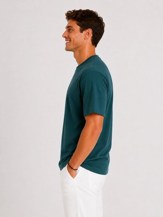 Erkek Tam Oversize Kalıp Kalın %100 Pamuk Bisiklet Ribana Yakalı Petrol Yeşili T-Shirt