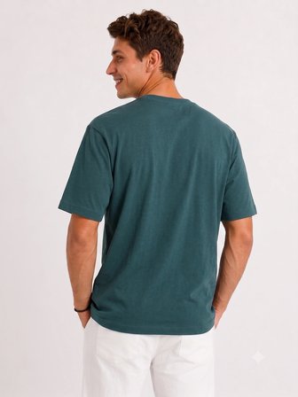 Erkek Tam Oversize Kalıp Kalın %100 Pamuk Bisiklet Ribana Yakalı Petrol Yeşili T-Shirt