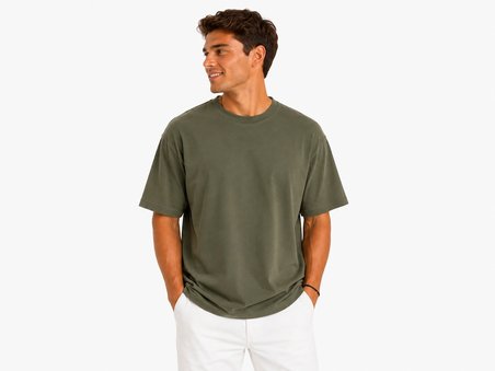 Erkek Tam Oversize Kalıp Kalın Dokulu %100 Organik Pamuk Bisiklet Ribana Yakalı Haki T-Shirt