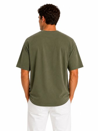Erkek Tam Oversize Kalıp Kalın Dokulu %100 Organik Pamuk Bisiklet Ribana Yakalı Haki T-Shirt
