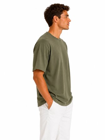 Erkek Tam Oversize Kalıp Kalın Dokulu %100 Organik Pamuk Bisiklet Ribana Yakalı Haki T-Shirt