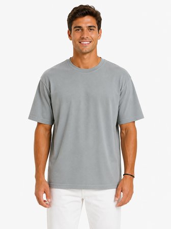 Erkek Tam Oversize Kalıp Kalın Dokulu %100 Organik Pamuk Bisiklet Ribana Yakalı Açık Gri T-Shirt