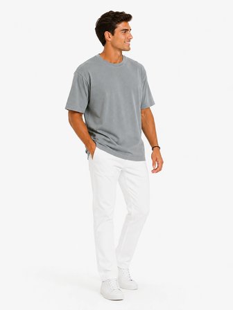Erkek Tam Oversize Kalıp Kalın Dokulu %100 Organik Pamuk Bisiklet Ribana Yakalı Açık Gri T-Shirt
