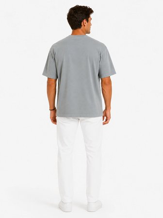 Erkek Tam Oversize Kalıp Kalın Dokulu %100 Organik Pamuk Bisiklet Ribana Yakalı Açık Gri T-Shirt