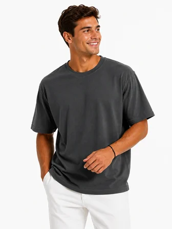 Erkek Tam Oversize Kalıp Kalın Dokulu %100 Organik Pamuk Bisiklet Ribana Yakalı Füme T-Shirt