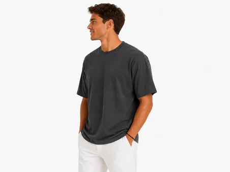 Erkek Tam Oversize Kalıp Kalın Dokulu %100 Organik Pamuk Bisiklet Ribana Yakalı Füme T-Shirt
