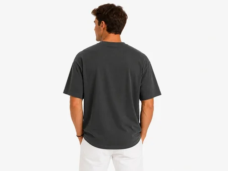Erkek Tam Oversize Kalıp Kalın Dokulu %100 Organik Pamuk Bisiklet Ribana Yakalı Füme T-Shirt