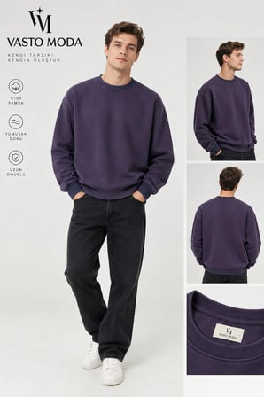 Vasto Moda Erkek Oversize Kalın Dokulu 3 İplik Şardonsuz Ribanalı Bisiklet Yakalı Basic  Sweatshirt