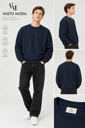 Vasto Moda Erkek Oversize Kalın Dokulu 3 İplik Şardonsuz Ribanalı Bisiklet Yakalı Basic  Sweatshirt