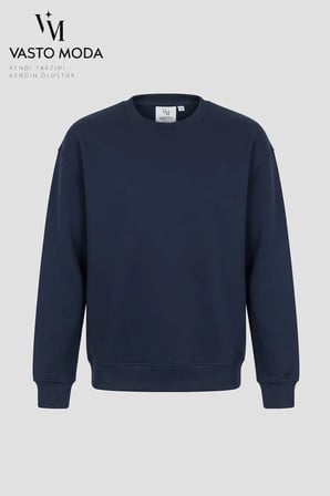 Vasto Moda Erkek Oversize Kalın Dokulu 3 İplik Şardonsuz Ribanalı Bisiklet Yakalı Basic  Sweatshirt