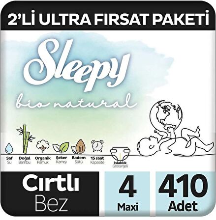 Sleepy Bio Natural Premium Plus 2'li Ultra Fırsat Paketi Bebek Bezi 4 Numara Maxi 410 Adet