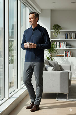 Oppland Erkek Kışlık Kazak Polo Yaka Oxford Fleto Cepli Dokulu Rahat Kesim Tam Kalıp