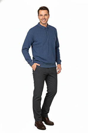 Oppland Erkek Kışlık Kazak Polo Yaka Oxford Fleto Cepli Dokulu Rahat Kesim Tam Kalıp