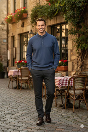 Oppland Erkek Kışlık Kazak Polo Yaka Oxford Fleto Cepli Dokulu Rahat Kesim Tam Kalıp