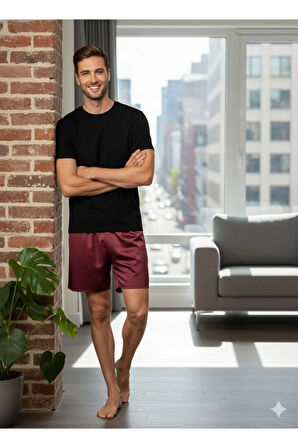 Oppland Erkek Saten Kumaş Şort Düz Renk Beli Lastikli Cepsiz Rahat Kesim Hafif Kumaş