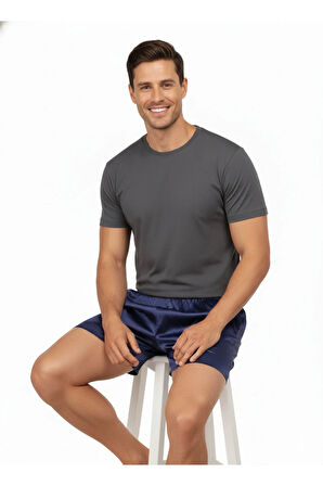 Oppland Erkek Saten Kumaş Şort Düz Renk Beli Lastikli Cepsiz Rahat Kesim Hafif Kumaş