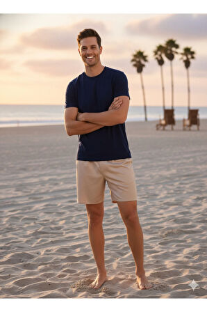 Oppland Erkek Saten Kumaş Şort Düz Renk Beli Lastikli Cepsiz Rahat Kesim Hafif Kumaş