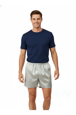 Oppland Erkek Saten Kumaş Şort Düz Renk Beli Lastikli Cepsiz Rahat Kesim Hafif Kumaş