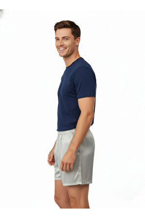 Oppland Erkek Saten Kumaş Şort Düz Renk Beli Lastikli Cepsiz Rahat Kesim Hafif Kumaş