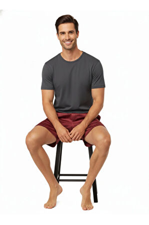 Oppland Erkek Saten Kumaş Şort Düz Renk Beli Lastikli Cepsiz Rahat Kesim Hafif Kumaş