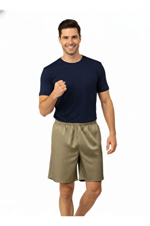 Oppland Erkek Saten Kumaş Şort Düz Renk Beli Lastikli Cepsiz Rahat Kesim Hafif Kumaş