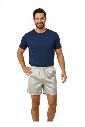 Oppland Erkek Saten Kumaş Şort Düz Renk Beli Lastikli Cepsiz Rahat Kesim Hafif Kumaş