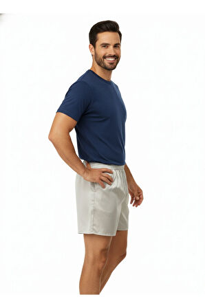 Oppland Erkek Saten Kumaş Şort Düz Renk Beli Lastikli Cepsiz Rahat Kesim Hafif Kumaş