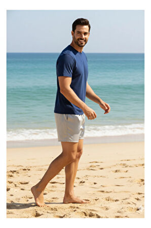 Oppland Erkek Saten Kumaş Şort Düz Renk Beli Lastikli Cepsiz Rahat Kesim Hafif Kumaş