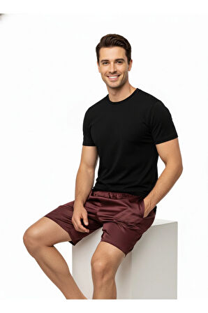 Oppland Erkek Saten Kumaş Şort Düz Renk Beli Lastikli Cepsiz Rahat Kesim Hafif Kumaş