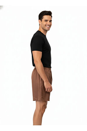 Oppland Erkek Saten Kumaş Şort Düz Renk Beli Lastikli Cepsiz Rahat Kesim Hafif Kumaş