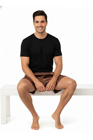 Oppland Erkek Saten Kumaş Şort Düz Renk Beli Lastikli Cepsiz Rahat Kesim Hafif Kumaş