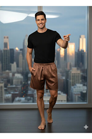 Oppland Erkek Saten Kumaş Şort Düz Renk Beli Lastikli Cepsiz Rahat Kesim Hafif Kumaş