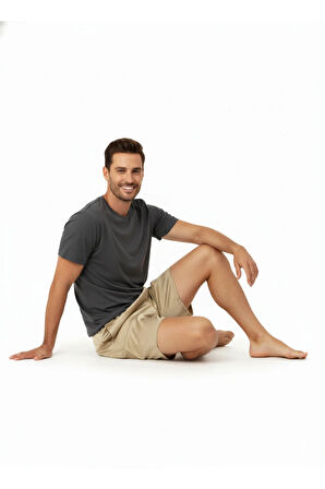 Oppland Erkek Saten Kumaş Şort Düz Renk Beli Lastikli Cepsiz Rahat Kesim Hafif Kumaş