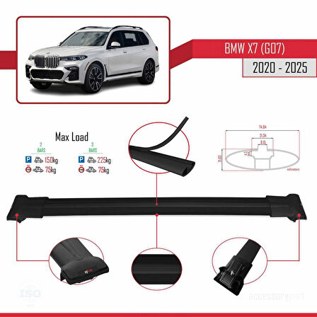 BMW X7 (G07) 2020 ve Sonrası ile Uyumlu FLY Model Ara Atkı Tavan Barı Siyah 2 Adet